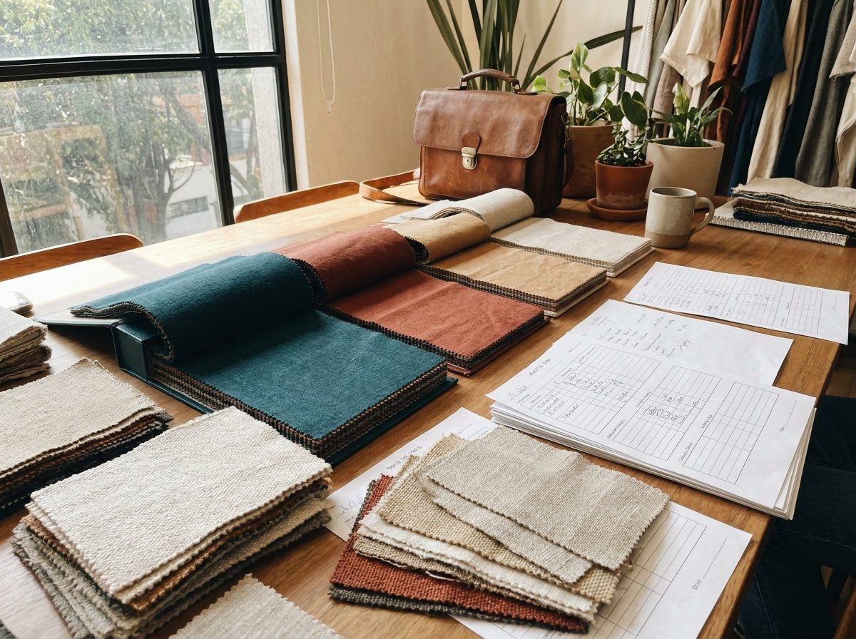 Mesa de trabajo con muestrarios textiles