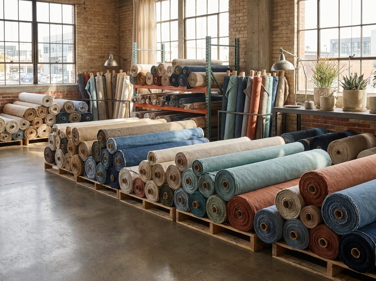 Rollos de tela en almacén textil